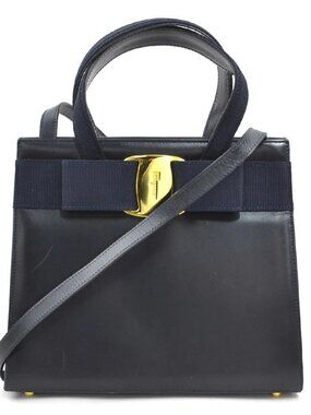 Auth Salvatore Ferragamo Vara Ribbon Handbag Shoulder Bag Navy Leather